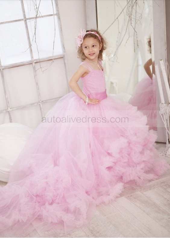 Pink Tulle Pleated Clouds Ruffled Flower Girl Dress